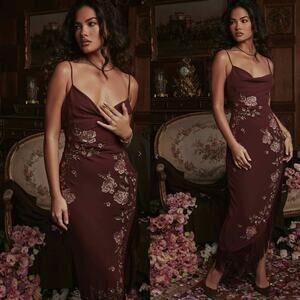 House of CB Wine Embroidered Midi Cowl Neck Fringe Dress L+ Romantic